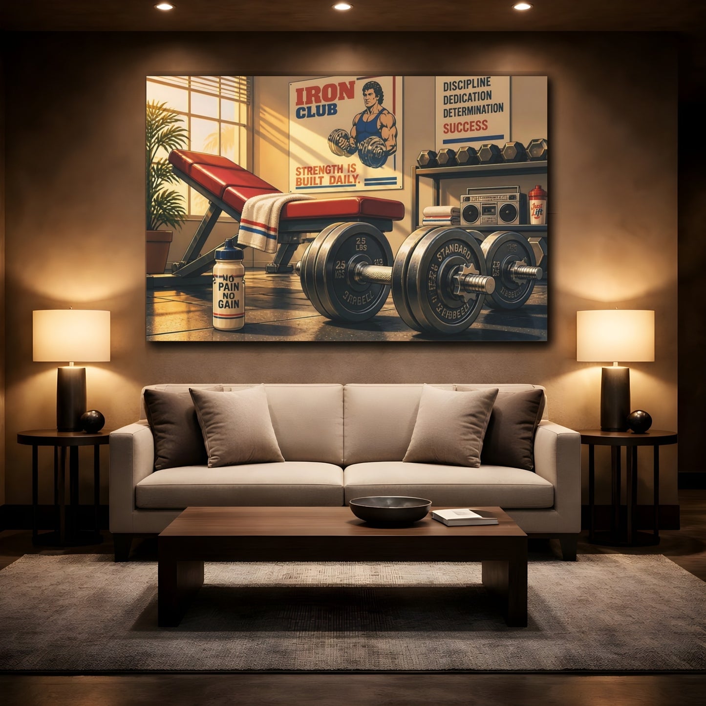 Mockup 2. Sunlit Iron Club Gym shown as canvas print