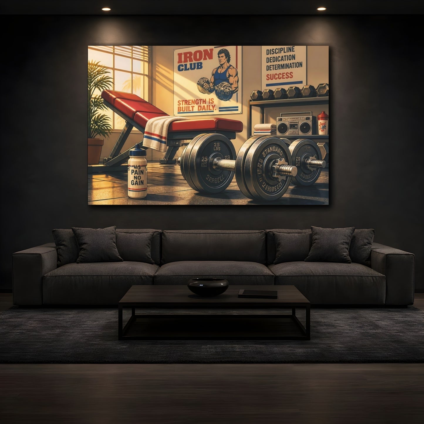 Mockup 3. Sunlit Iron Club Gym shown as canvas print