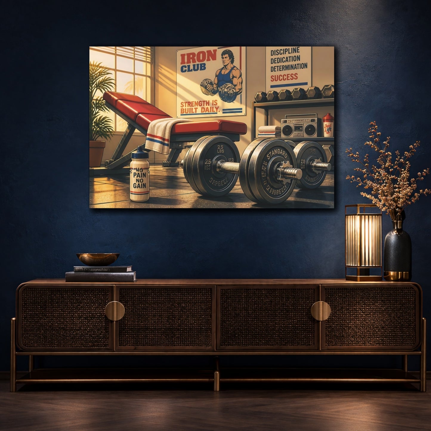 Mockup 4. Sunlit Iron Club Gym shown as canvas print