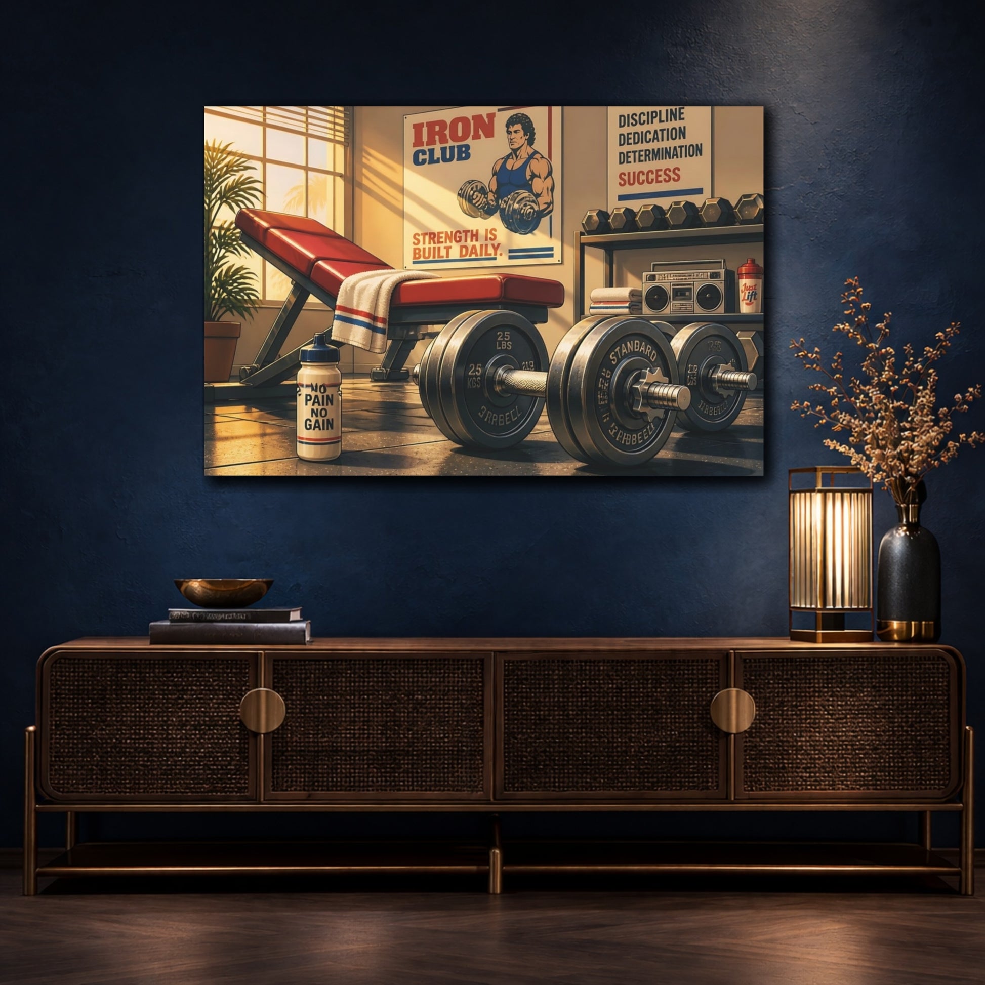 Mockup 4. Sunlit Iron Club Gym shown as canvas print