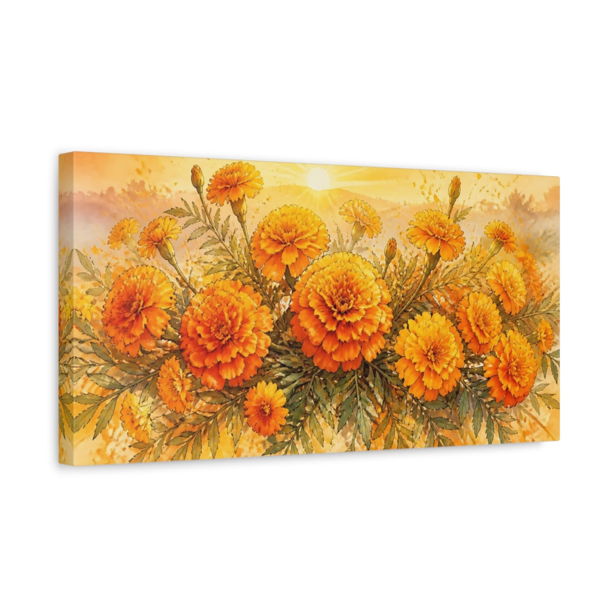 Side Mockup 3. Sunlit Marigold Bouquet shown as canvas print