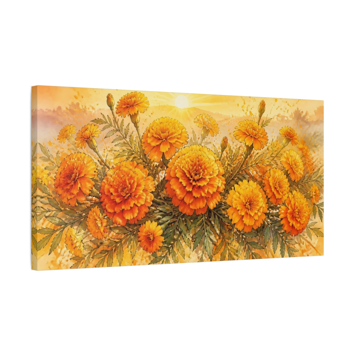 Side Mockup 1. Sunlit Marigold Bouquet shown as canvas print