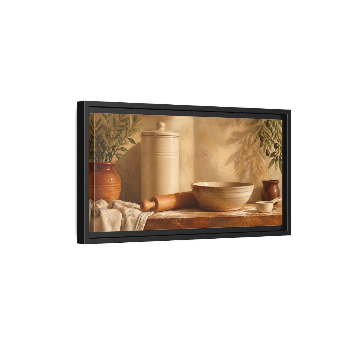 Side Mockup 8. Sunlit Mediterranean Baking Scene shown as framed canvas print
