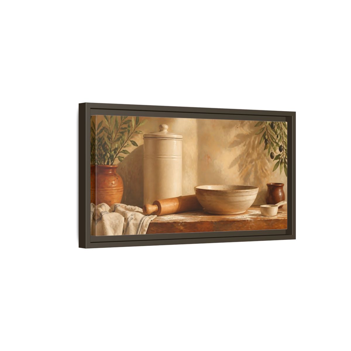 Side Mockup 7. Sunlit Mediterranean Baking Scene shown as framed canvas print