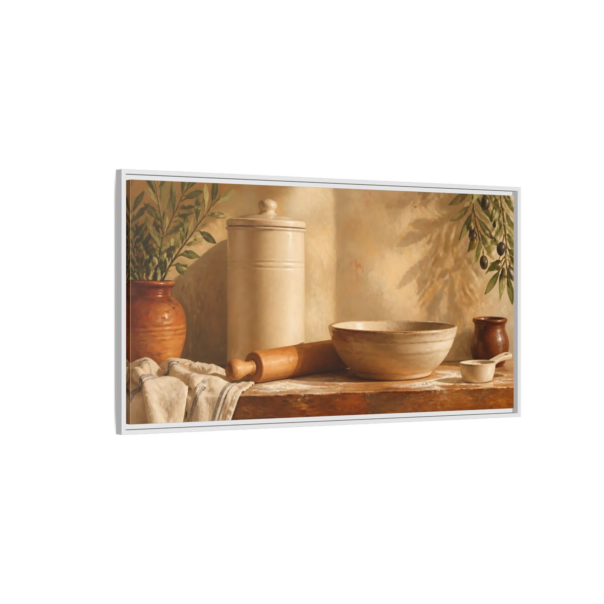 Side Mockup 3. Sunlit Mediterranean Baking Scene shown as framed canvas print