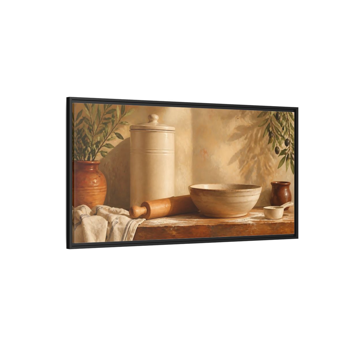 Side Mockup 5. Sunlit Mediterranean Baking Scene shown as framed canvas print