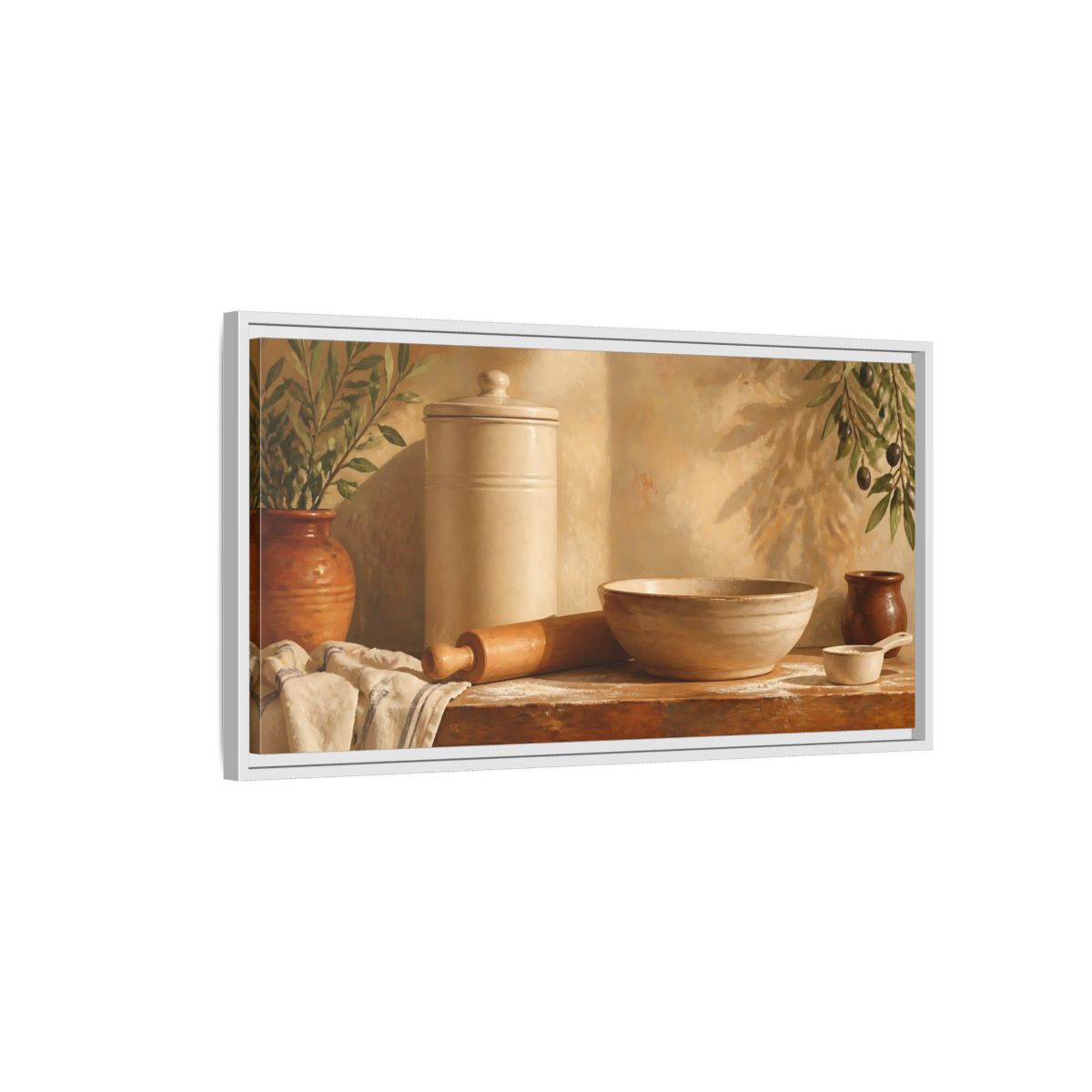 Side Mockup 1. Sunlit Mediterranean Baking Scene shown as framed canvas print