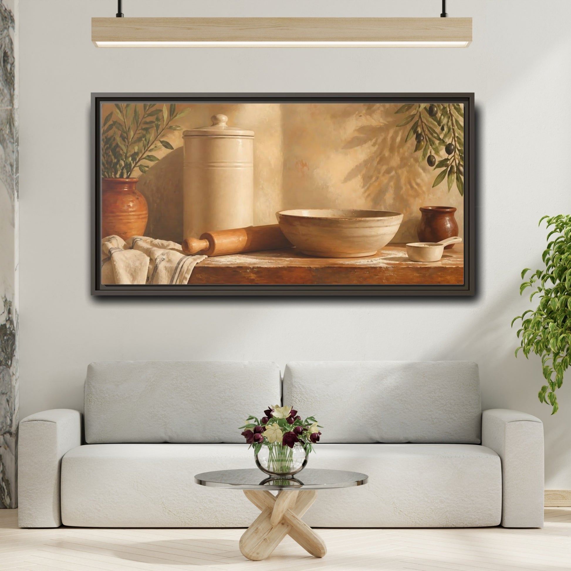 Mockup 2. Sunlit Mediterranean Baking Scene shown as framed canvas print