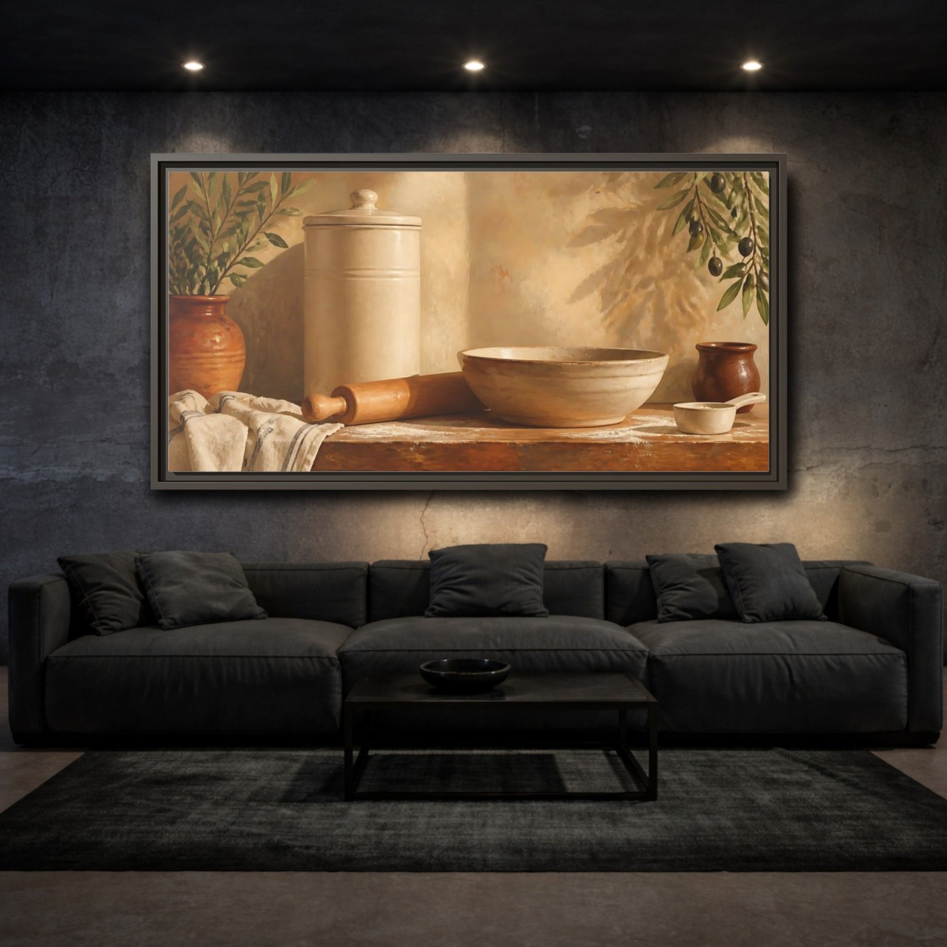 Mockup 3. Sunlit Mediterranean Baking Scene shown as framed canvas print