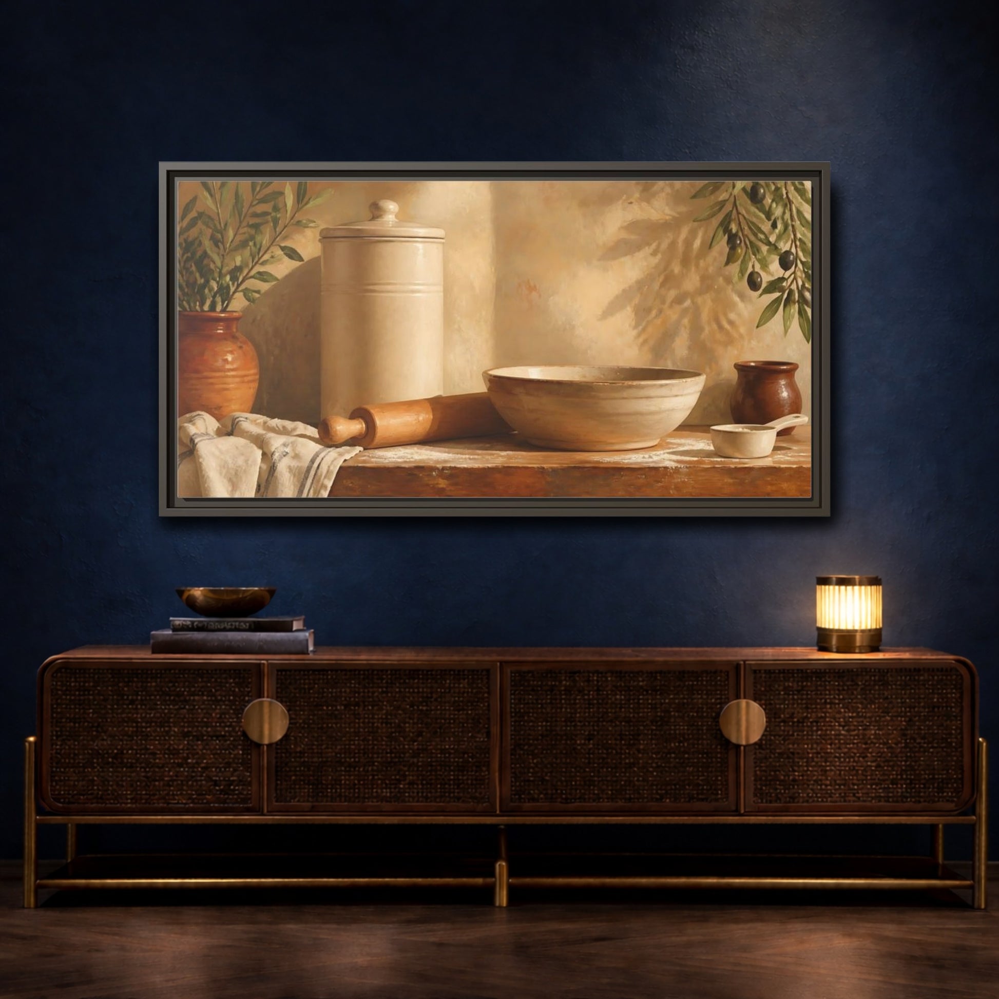 Mockup 4. Sunlit Mediterranean Baking Scene shown as framed canvas print