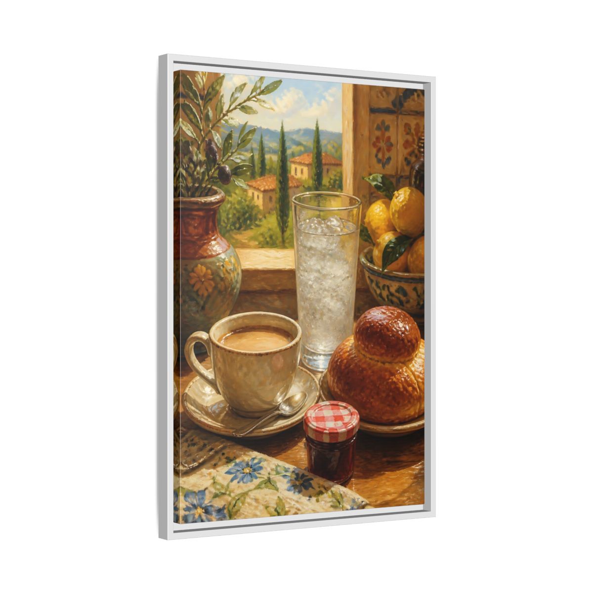 Side Mockup 10. Sunlit Mediterranean Breakfast shown as framed canvas print