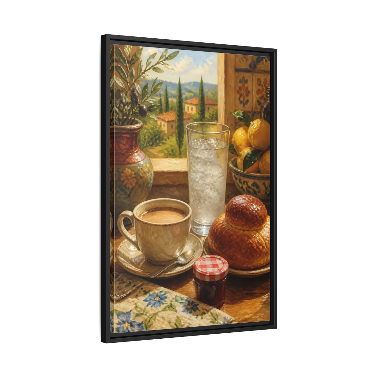Side Mockup 14. Sunlit Mediterranean Breakfast shown as framed canvas print