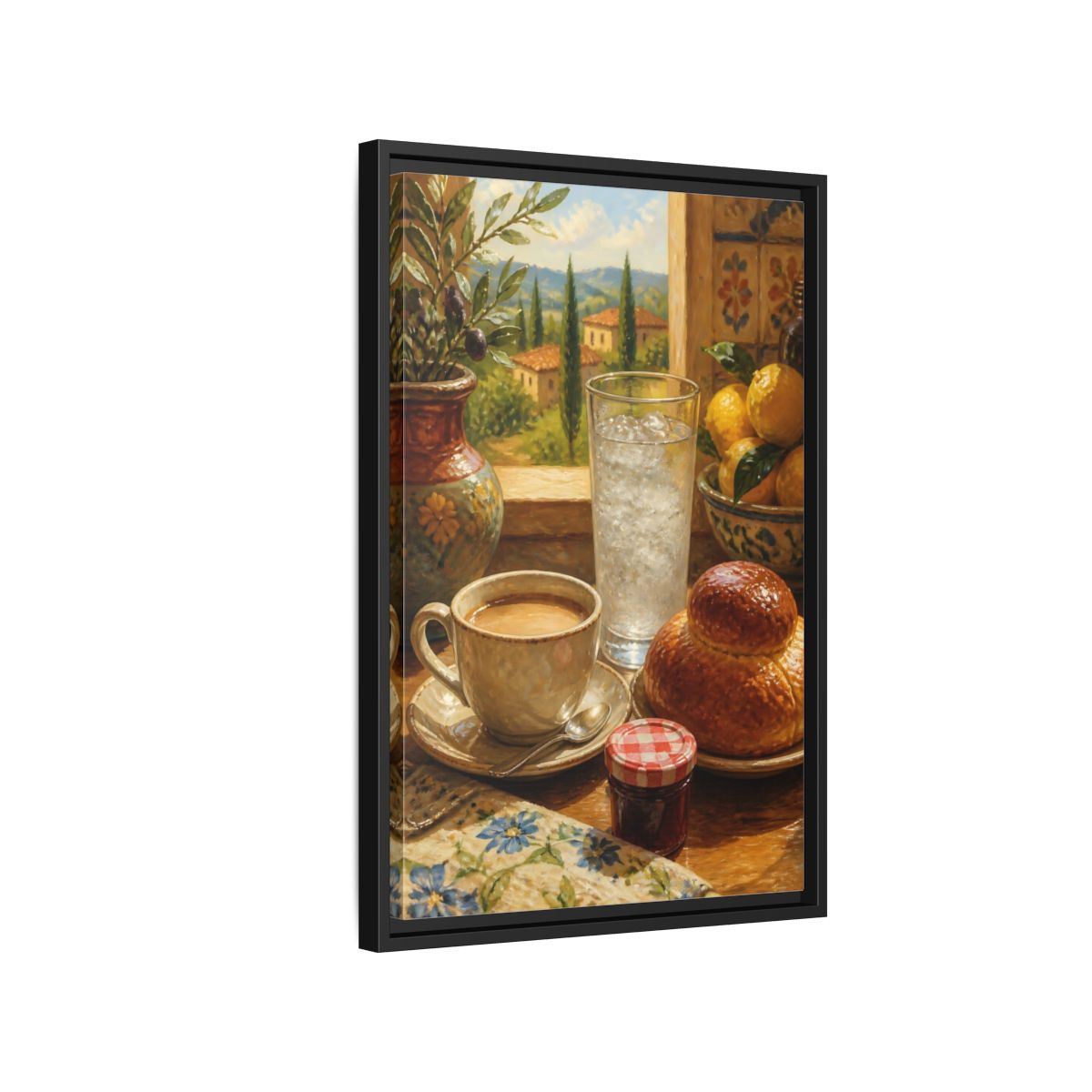 Side Mockup 3. Sunlit Mediterranean Breakfast shown as framed canvas print
