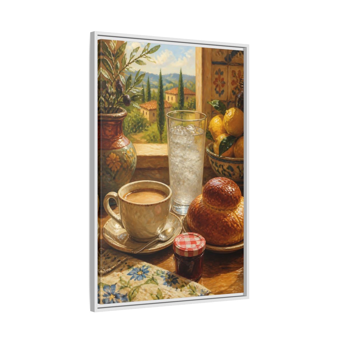 Side Mockup 9. Sunlit Mediterranean Breakfast shown as framed canvas print