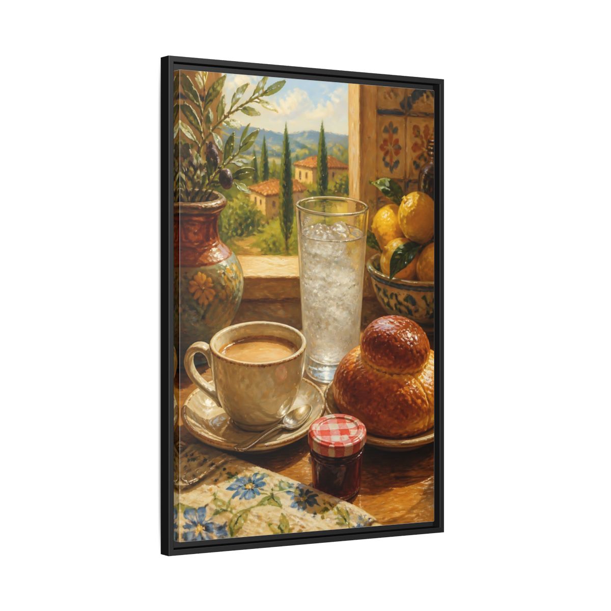 Side Mockup 13. Sunlit Mediterranean Breakfast shown as framed canvas print
