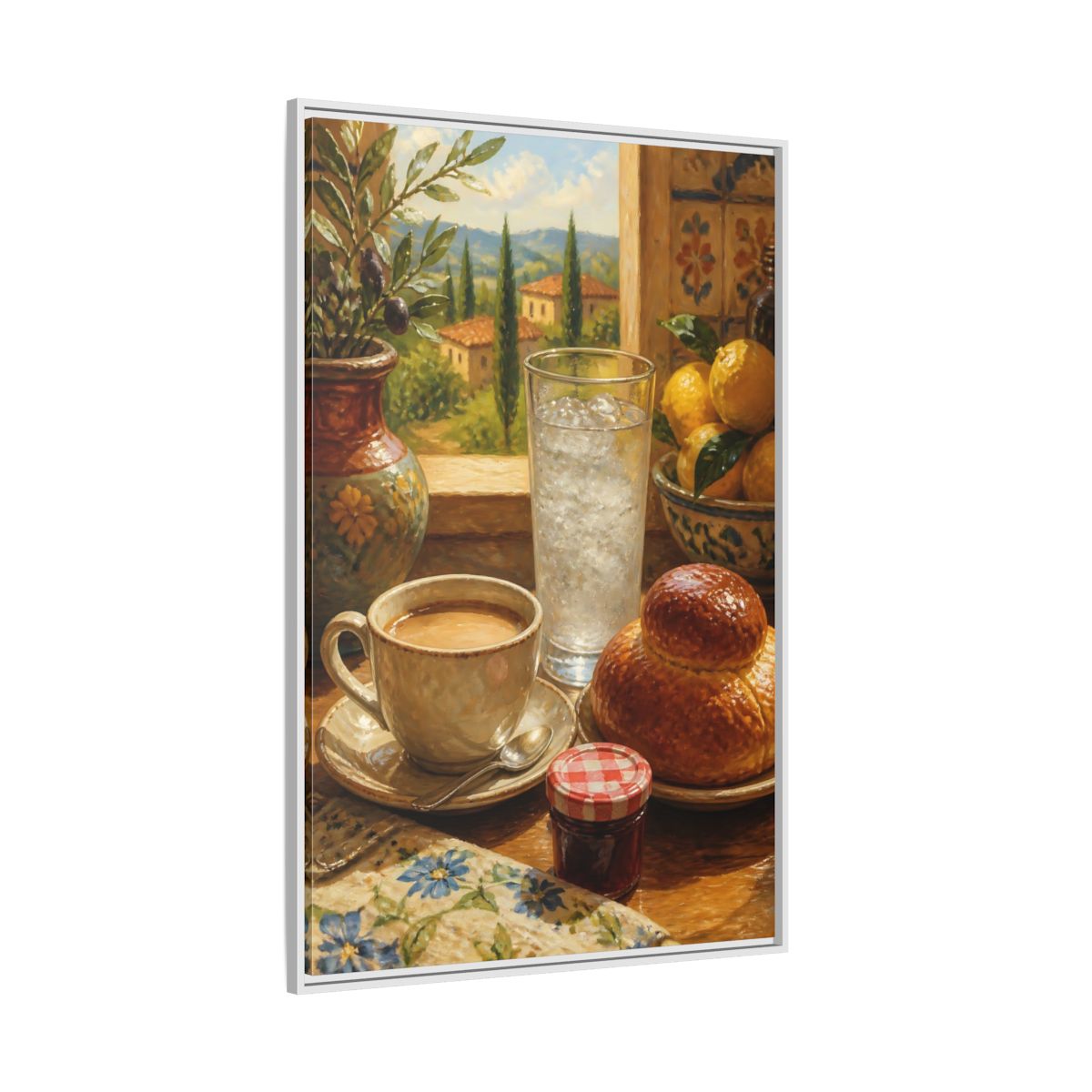 Side Mockup 7. Sunlit Mediterranean Breakfast shown as framed canvas print