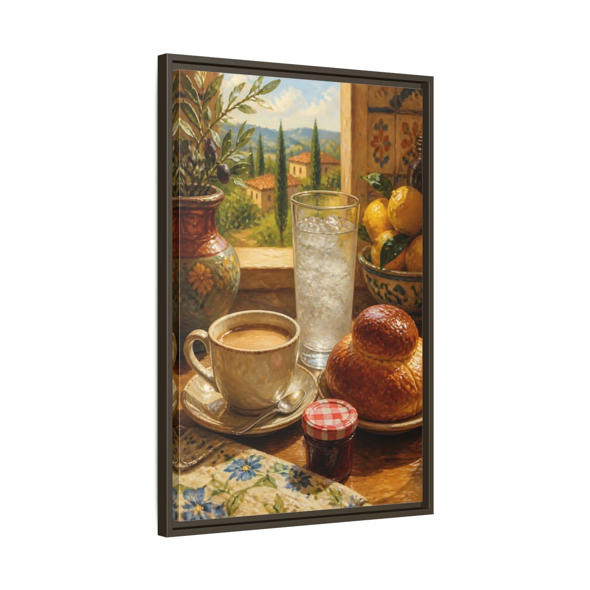 Side Mockup 11. Sunlit Mediterranean Breakfast shown as framed canvas print