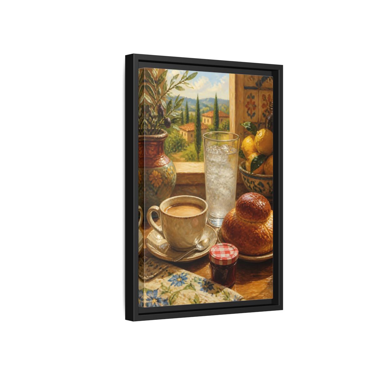 Side Mockup 6. Sunlit Mediterranean Breakfast shown as framed canvas print