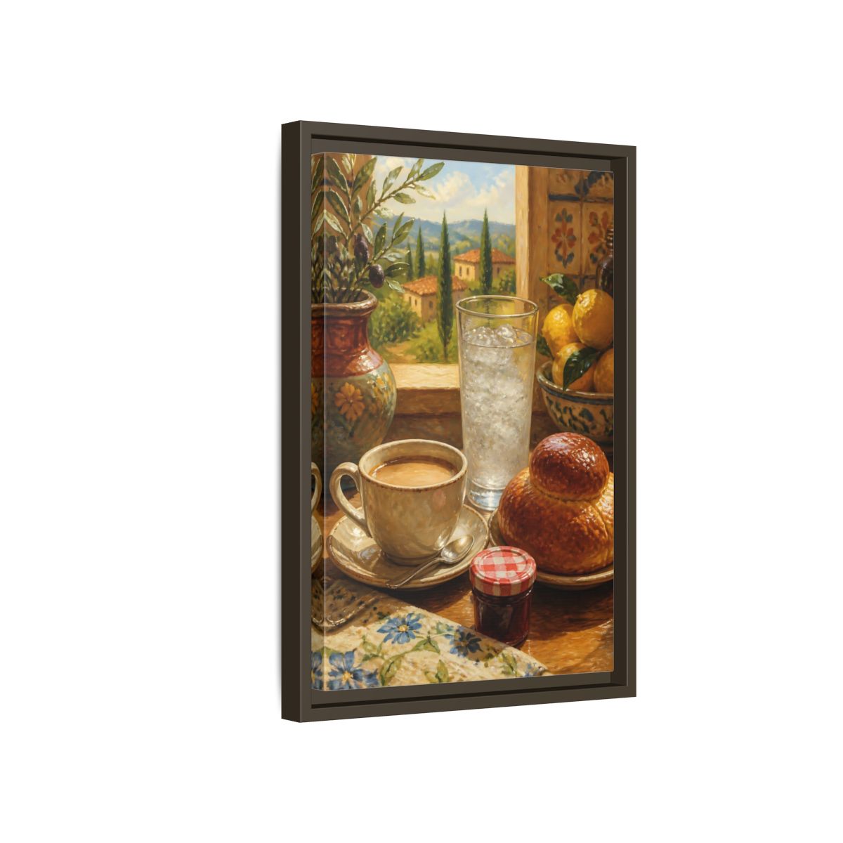 Side Mockup 5. Sunlit Mediterranean Breakfast shown as framed canvas print