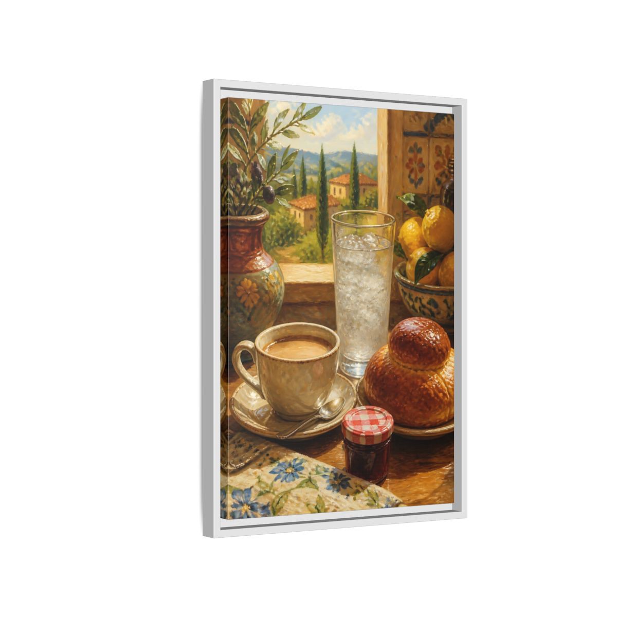 Side Mockup 1. Sunlit Mediterranean Breakfast shown as framed canvas print