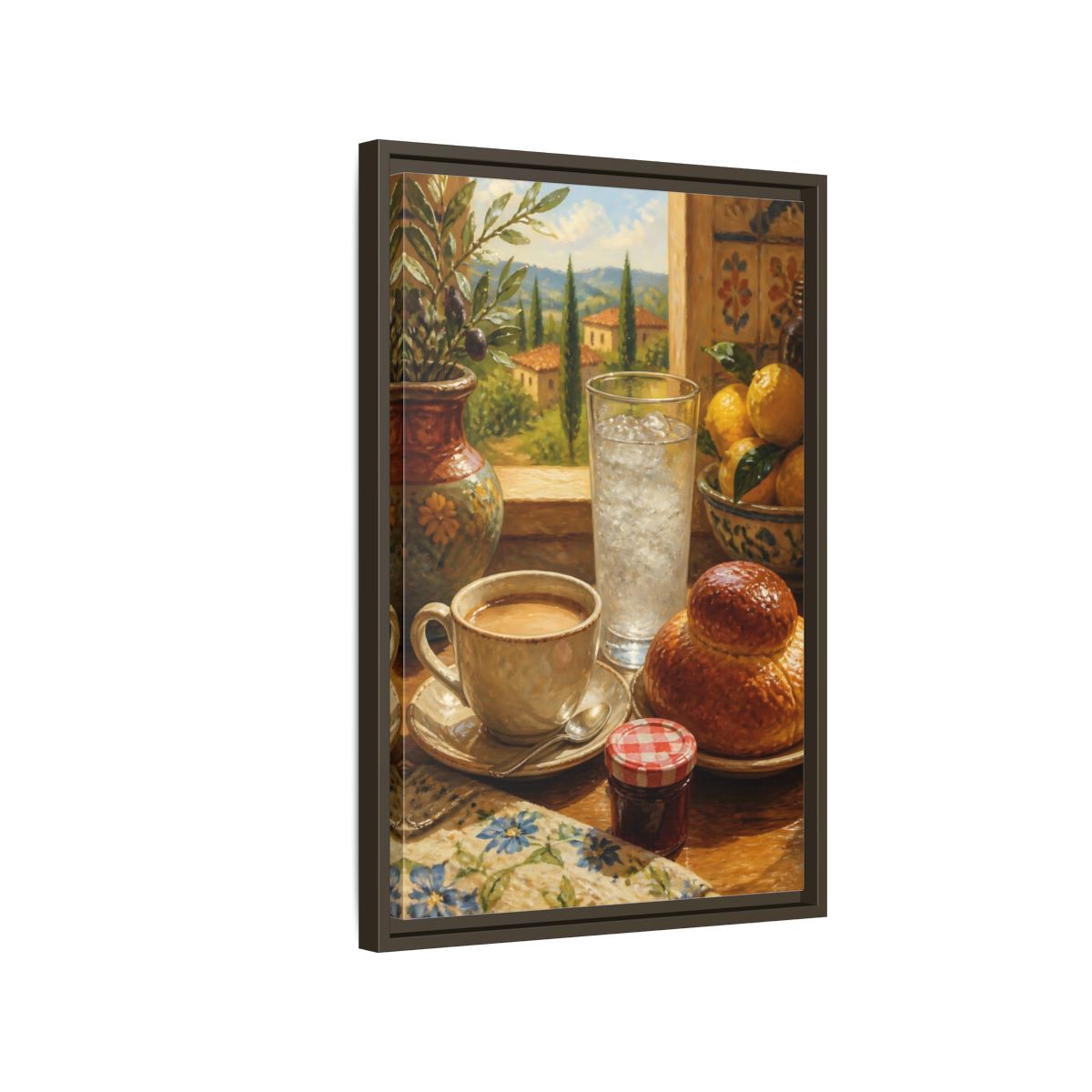 Side Mockup 2. Sunlit Mediterranean Breakfast shown as framed canvas print