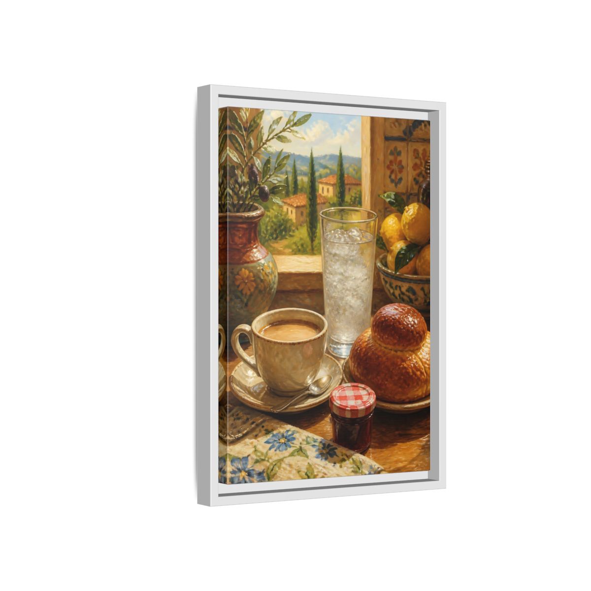 Side Mockup 4. Sunlit Mediterranean Breakfast shown as framed canvas print