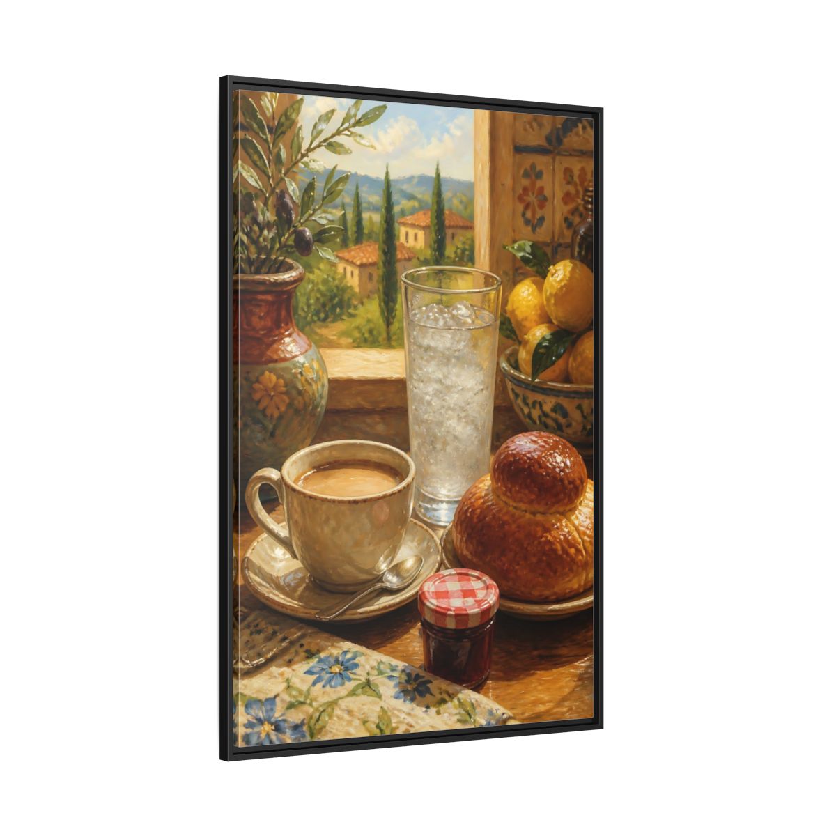 Side Mockup 12. Sunlit Mediterranean Breakfast shown as framed canvas print