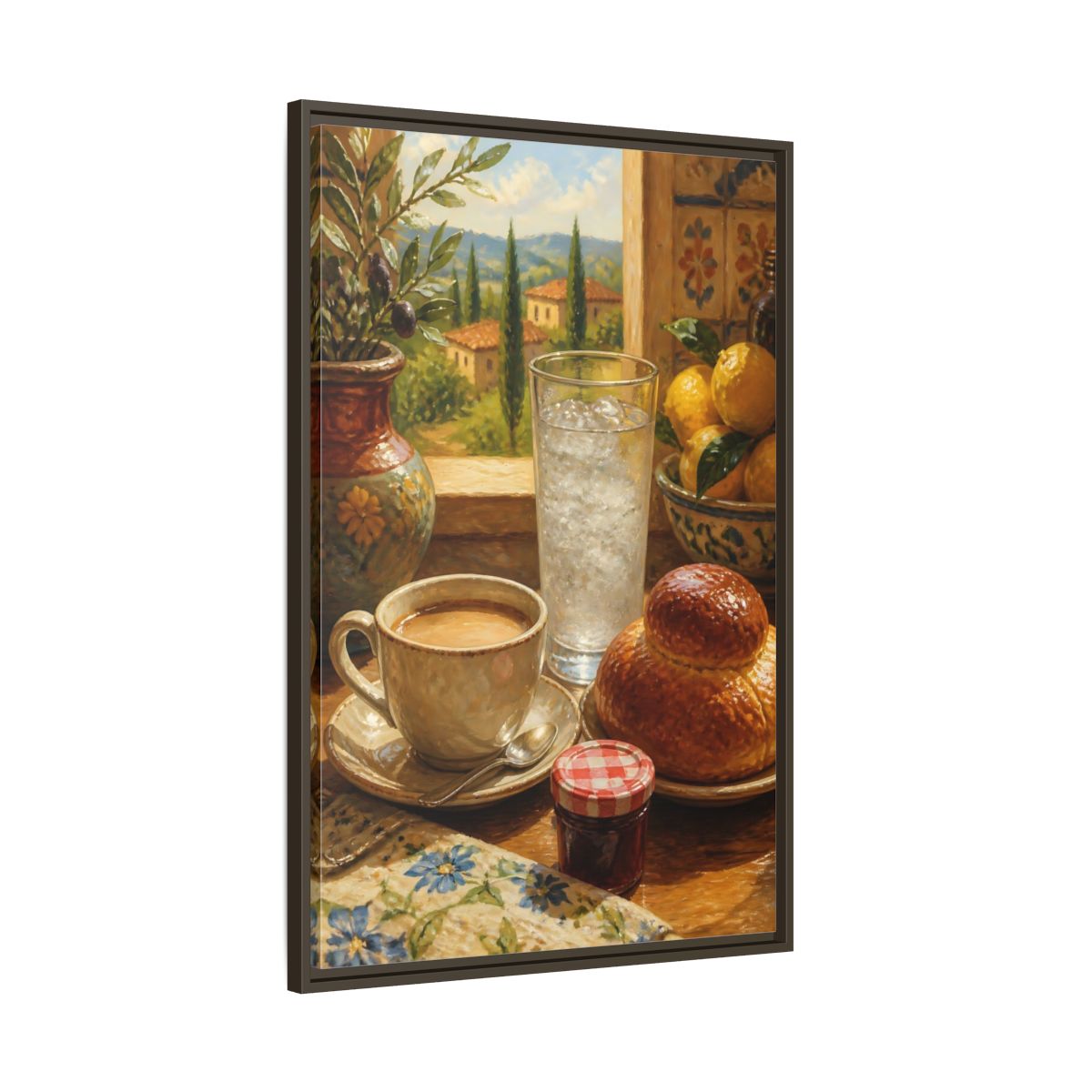 Main Mockup. Sunlit Mediterranean Breakfast shown as framed canvas print