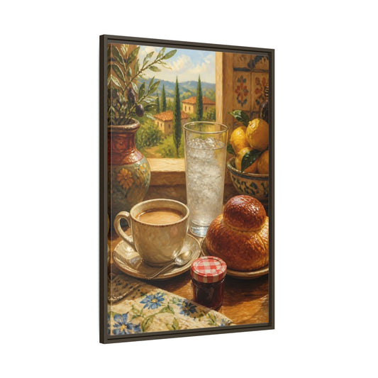 Main Mockup. Sunlit Mediterranean Breakfast shown as framed canvas print