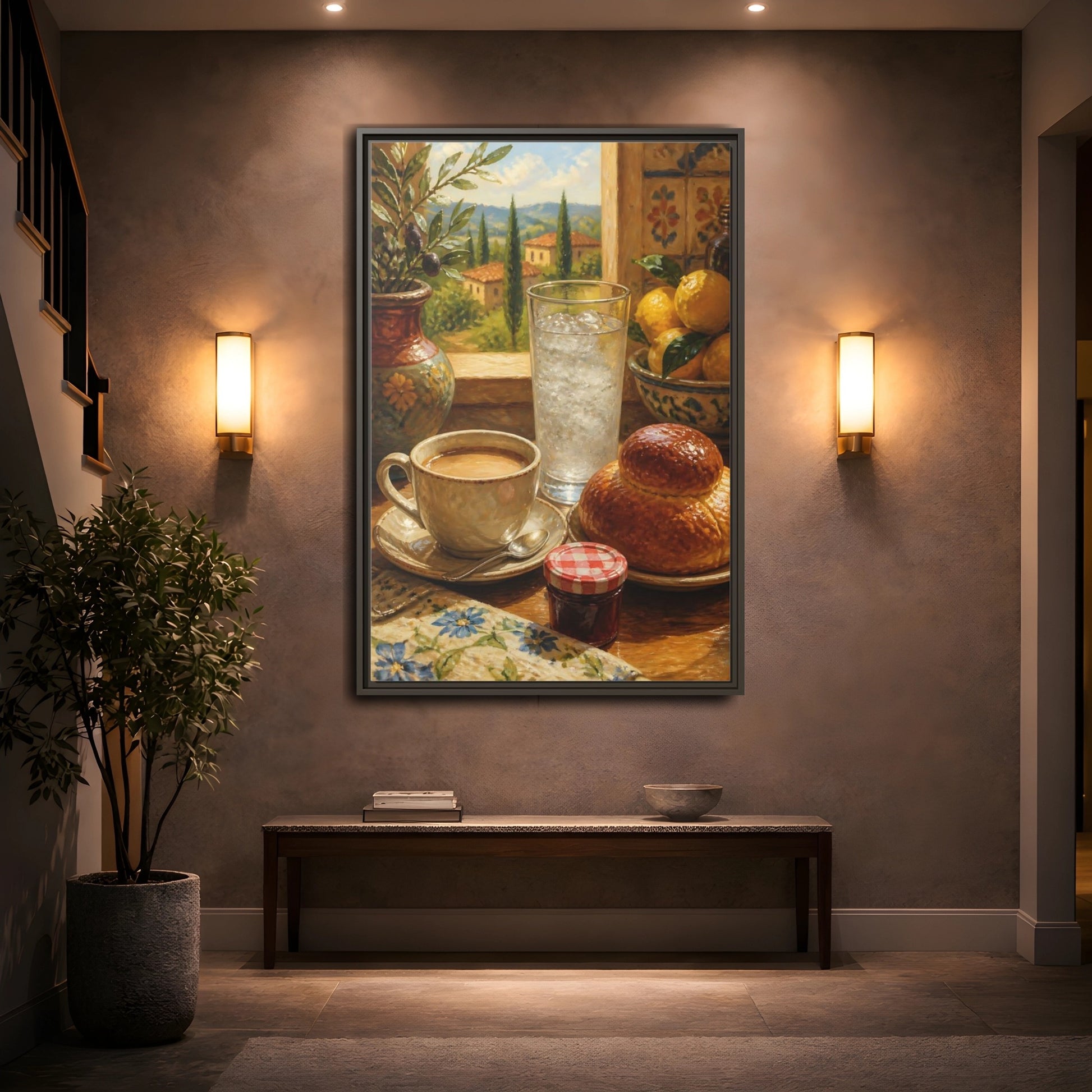 Mockup 2. Sunlit Mediterranean Breakfast shown as framed canvas print