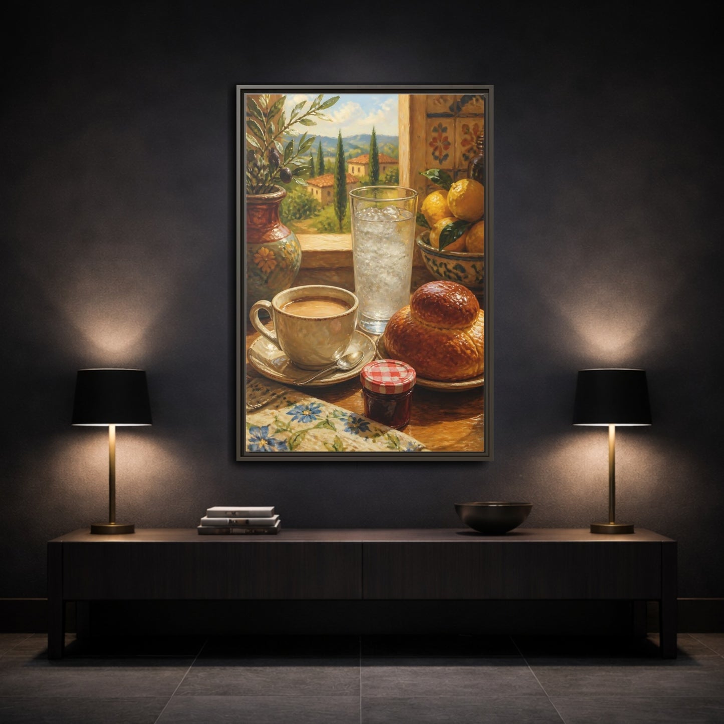 Mockup 3. Sunlit Mediterranean Breakfast shown as framed canvas print