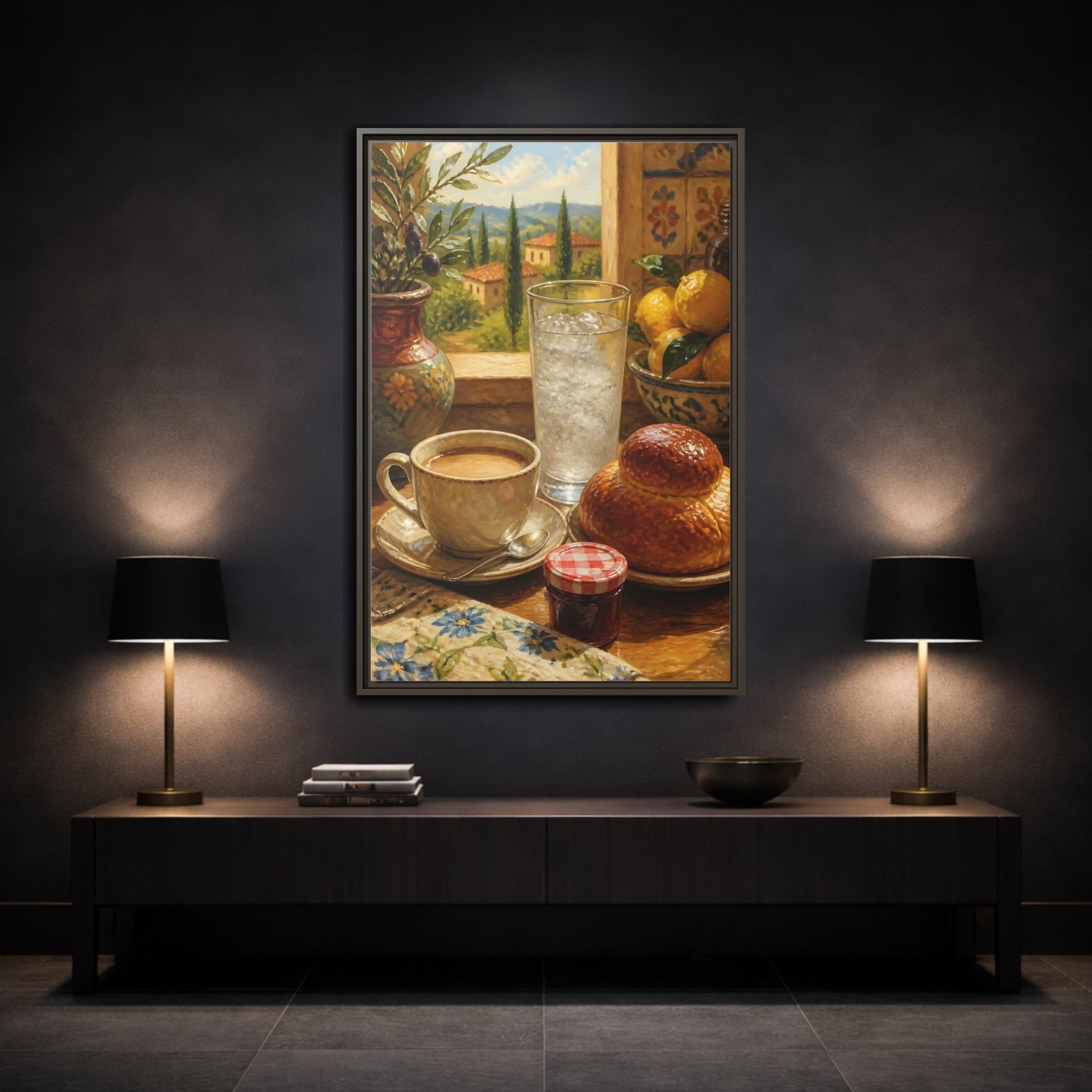 Mockup 3. Sunlit Mediterranean Breakfast shown as framed canvas print