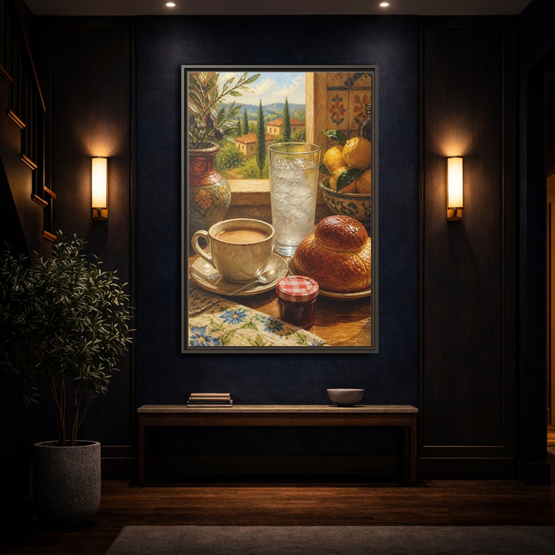 Mockup 4. Sunlit Mediterranean Breakfast shown as framed canvas print