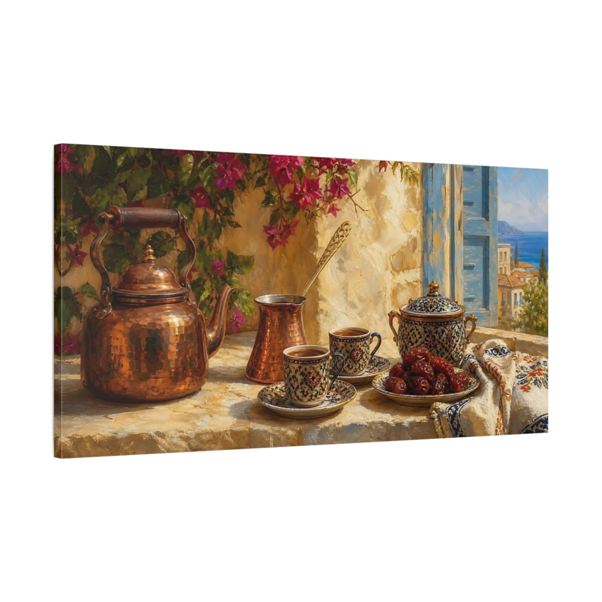 Main Mockup. Sunlit Mediterranean Tea Time shown as canvas print