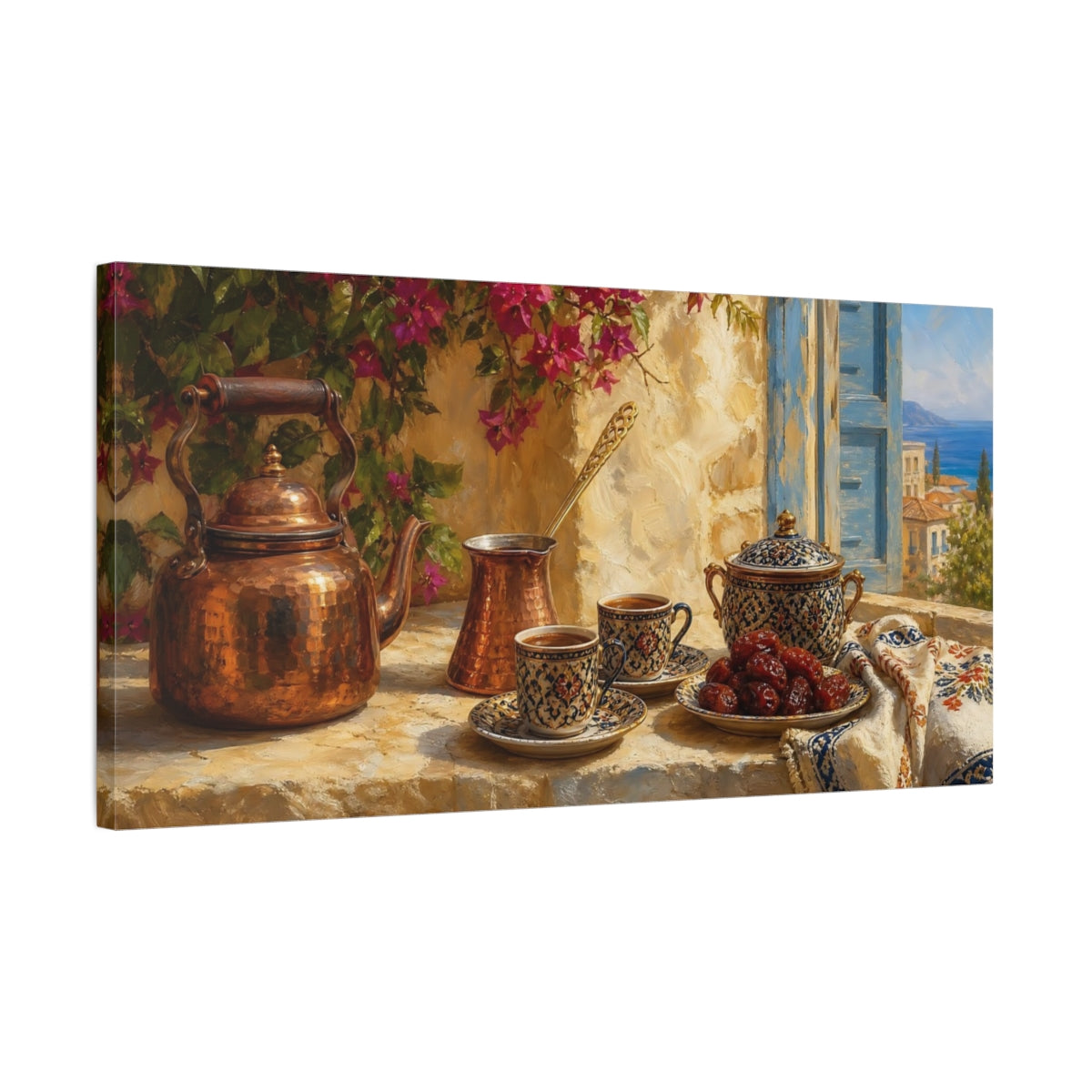 Side Mockup 1. Sunlit Mediterranean Tea Time shown as canvas print