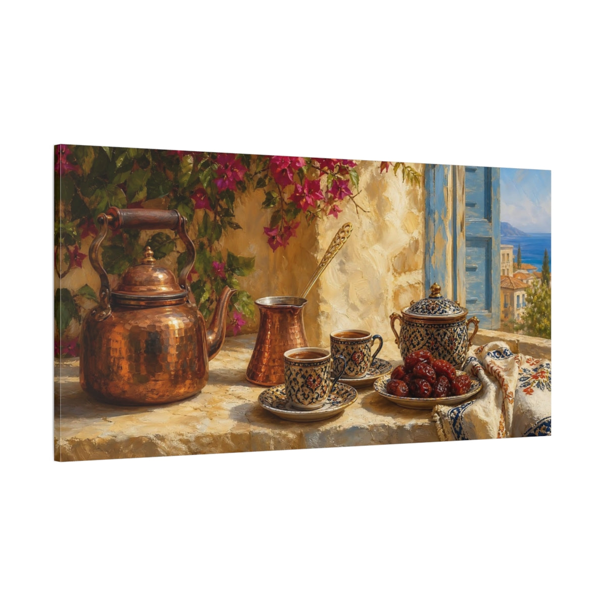 Side Mockup 2. Sunlit Mediterranean Tea Time shown as canvas print