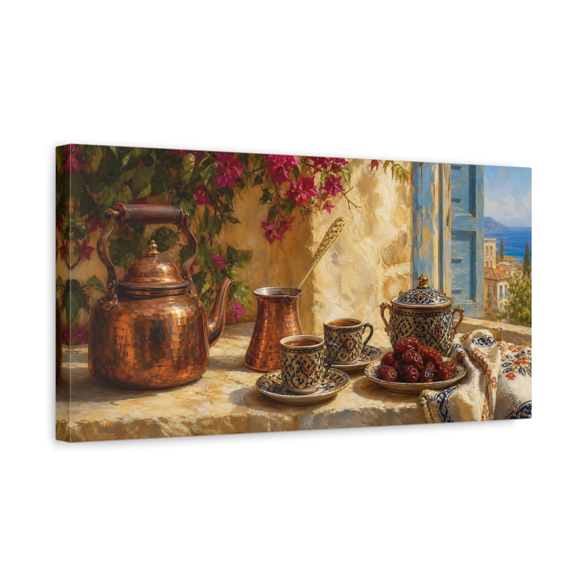 Side Mockup 3. Sunlit Mediterranean Tea Time shown as canvas print