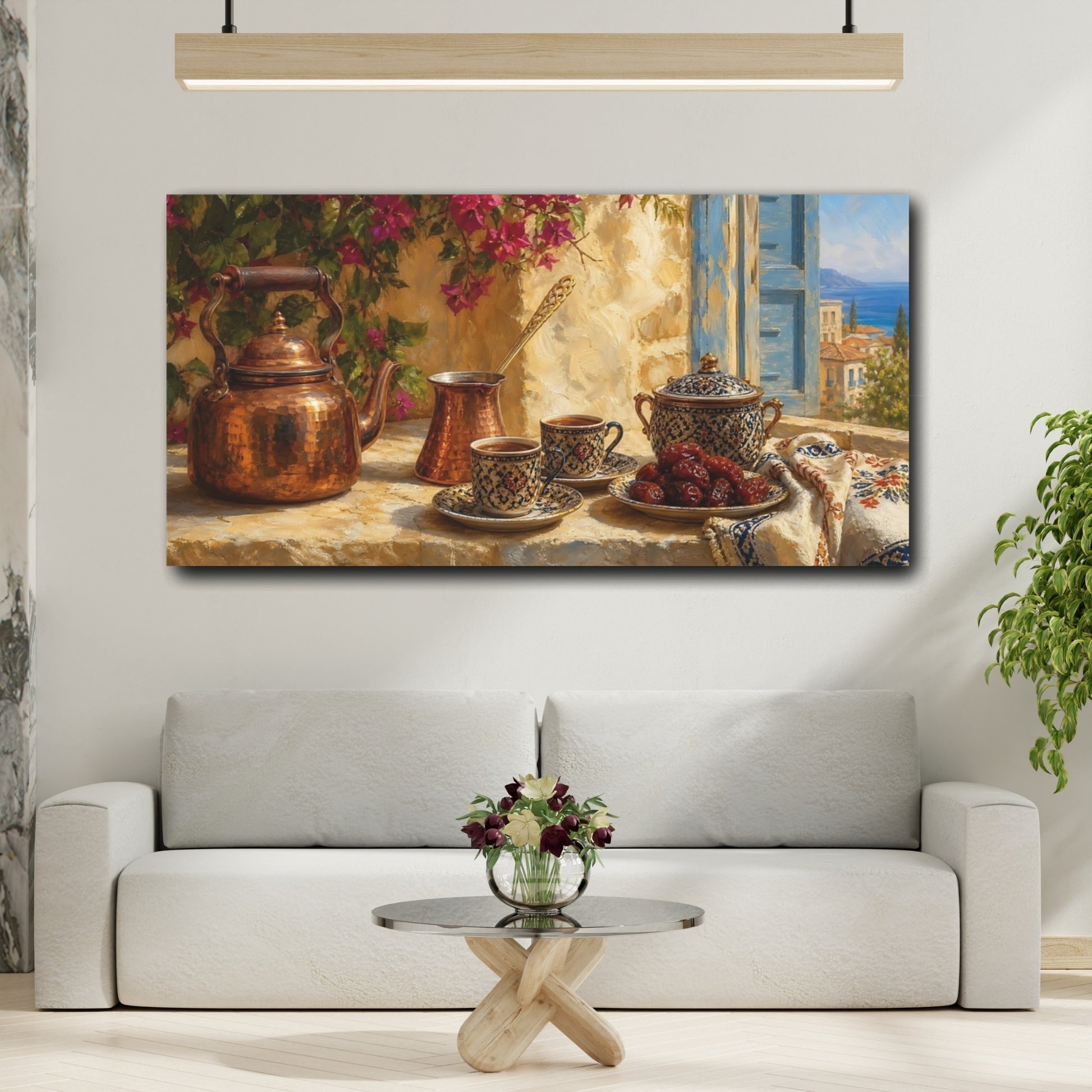 Mockup 2. Sunlit Mediterranean Tea Time shown as canvas print