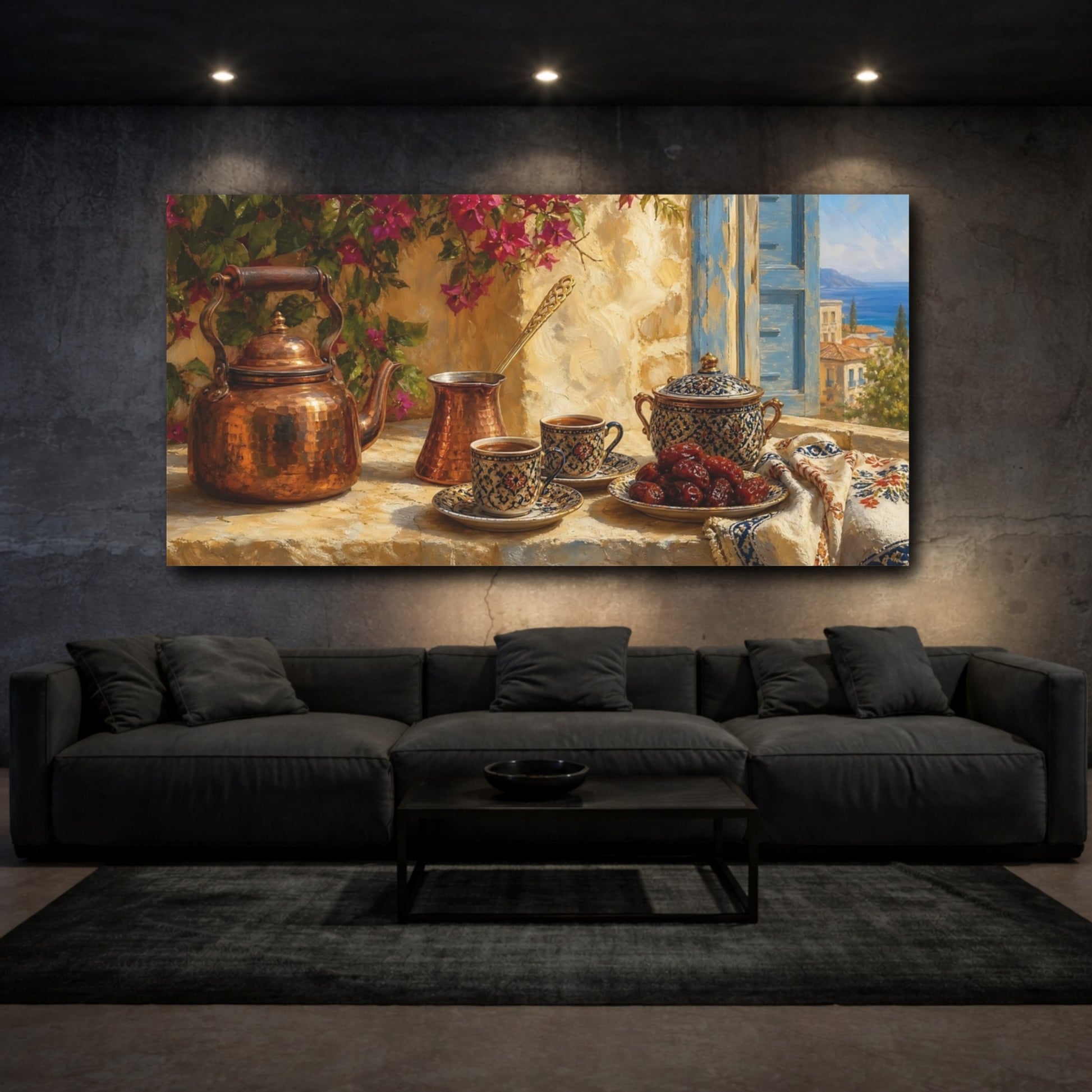 Mockup 3. Sunlit Mediterranean Tea Time shown as canvas print