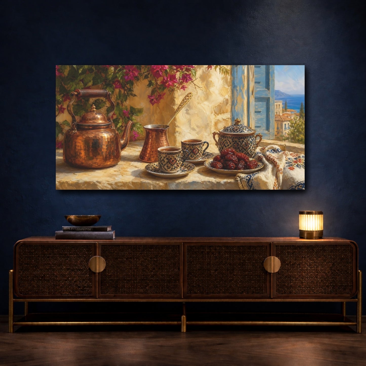 Mockup 4. Sunlit Mediterranean Tea Time shown as canvas print