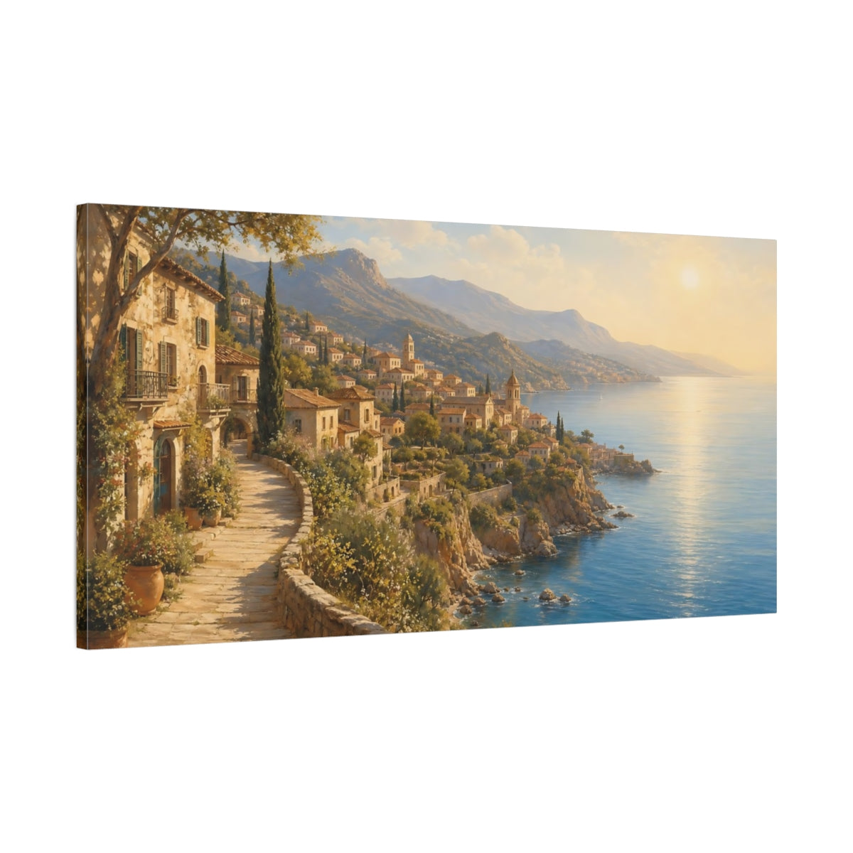 Main Mockup. Sunlit Mediterranean Village shown as canvas print