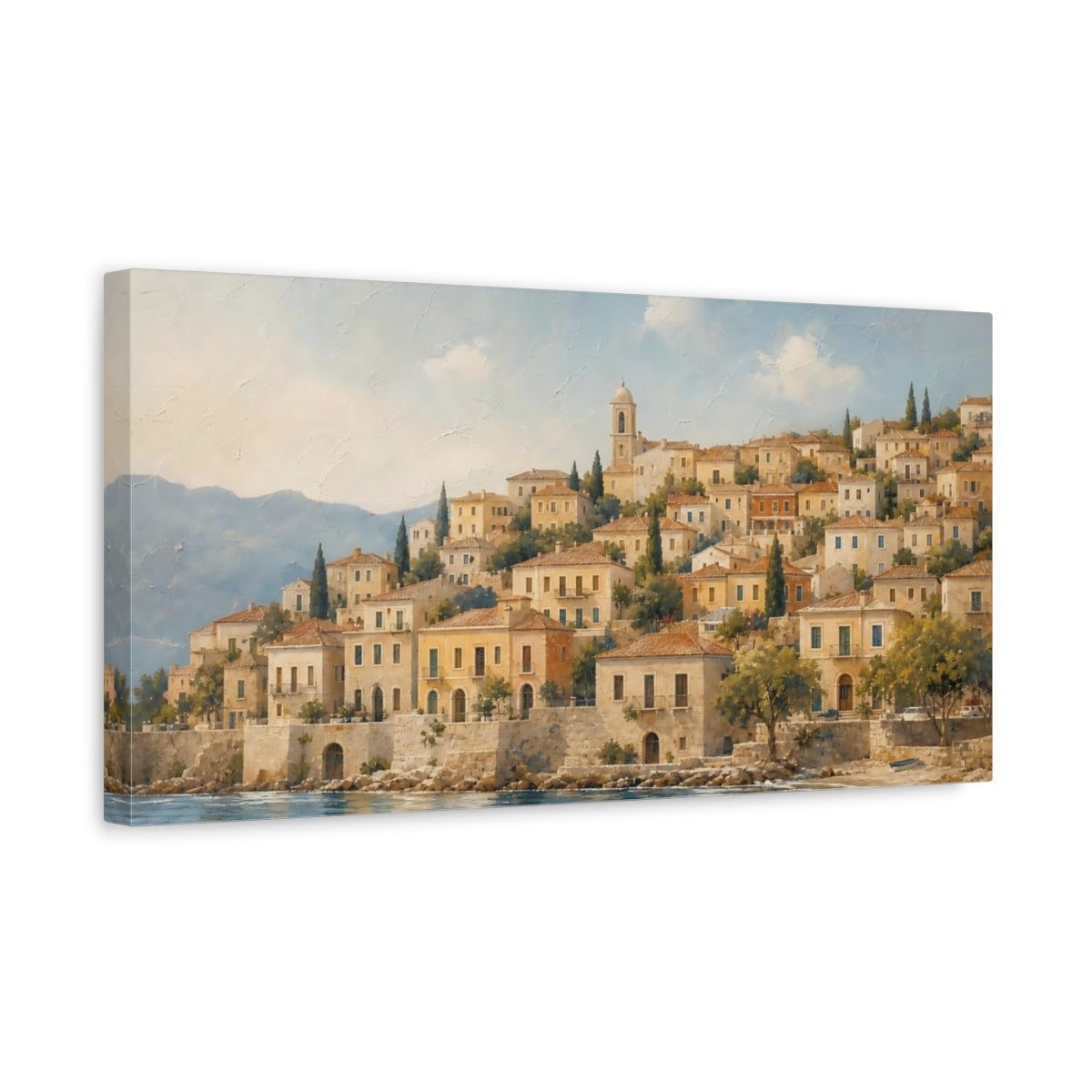 Side Mockup 3. Sunlit Mediterranean Village shown as canvas print