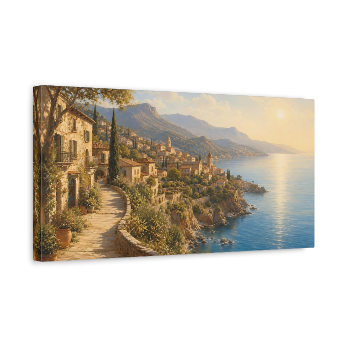 Side Mockup 3. Sunlit Mediterranean Village shown as canvas print