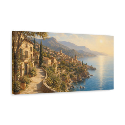 Side Mockup 3. Sunlit Mediterranean Village shown as canvas print
