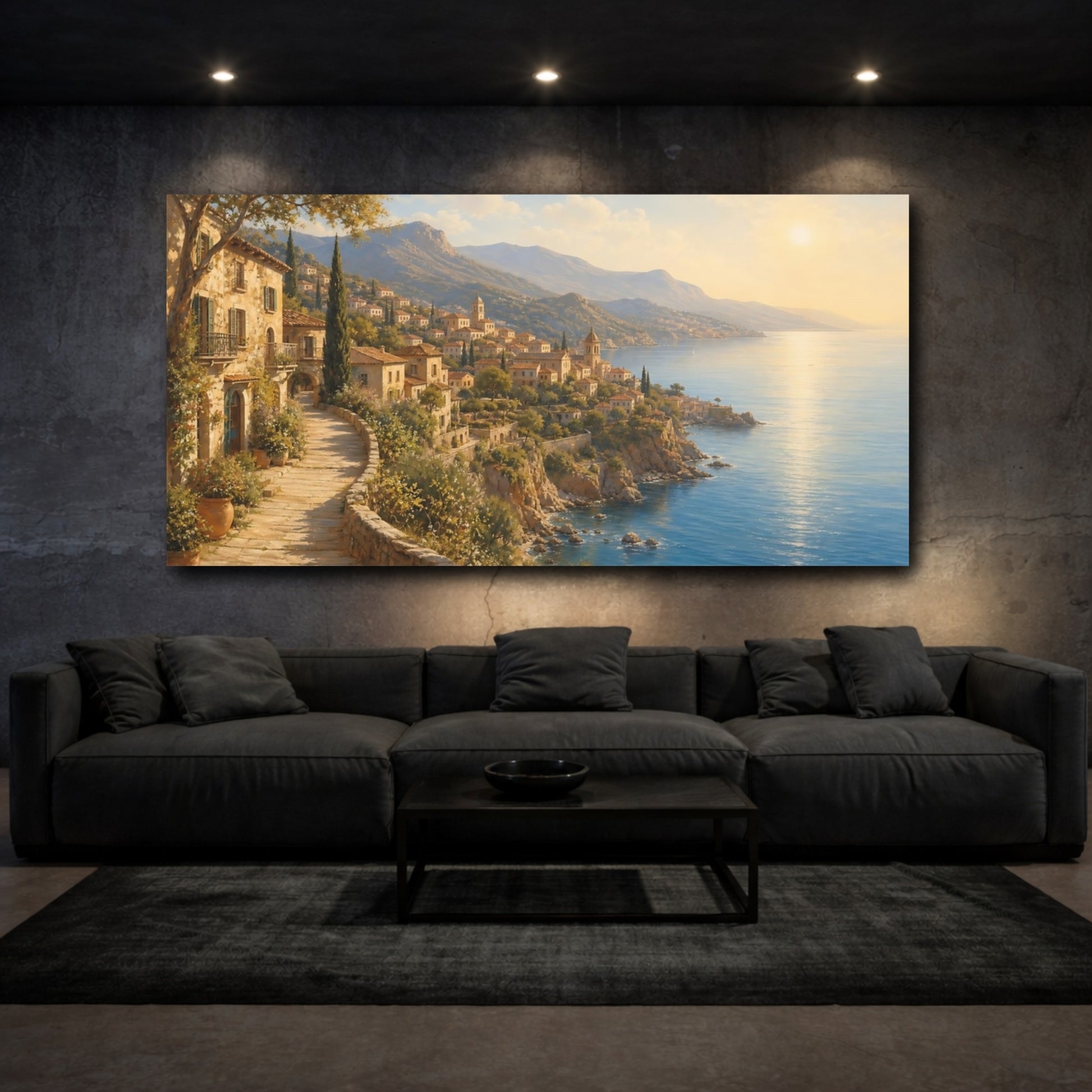 Mockup 3. Sunlit Mediterranean Village shown as canvas print