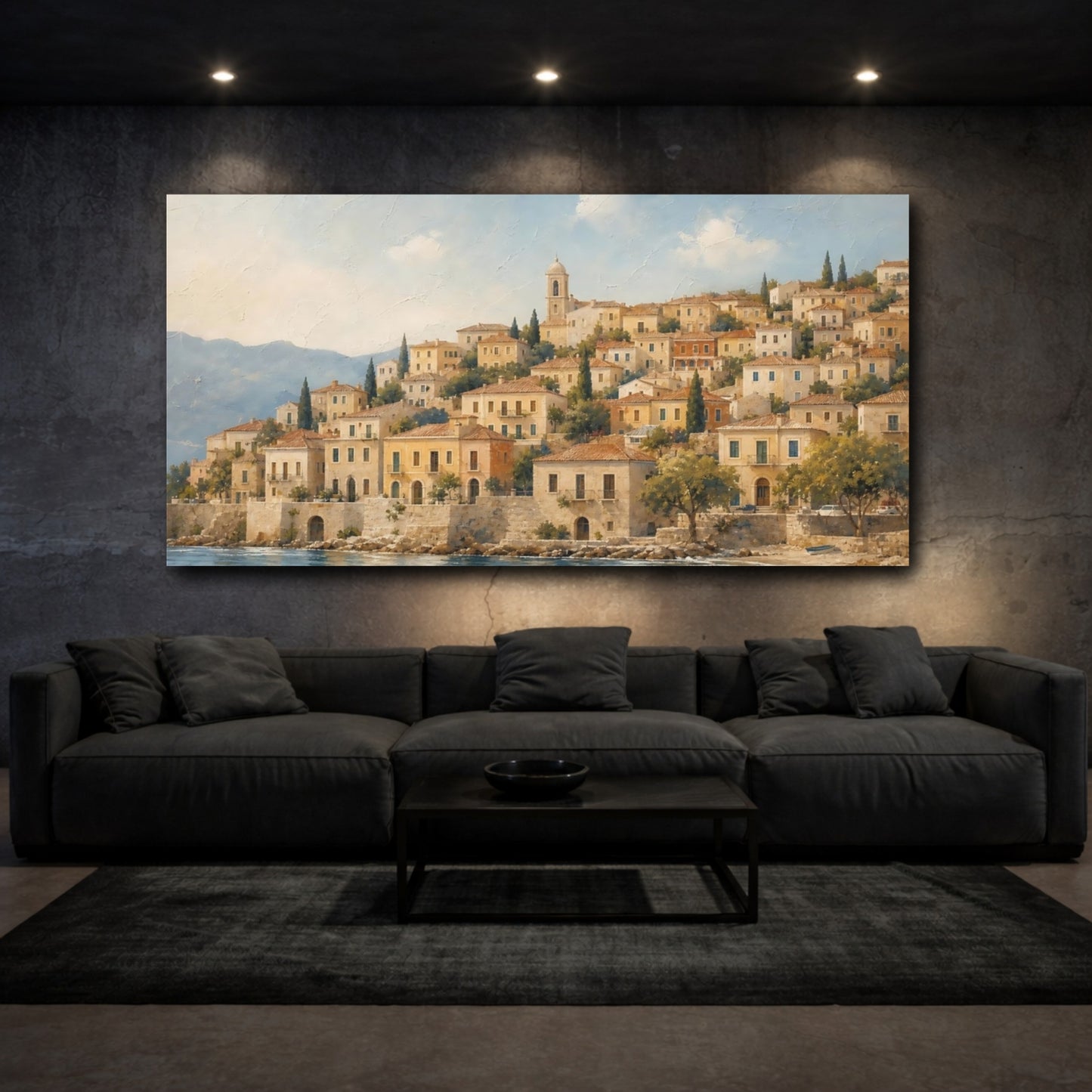 Mockup 3. Sunlit Mediterranean Village shown as canvas print