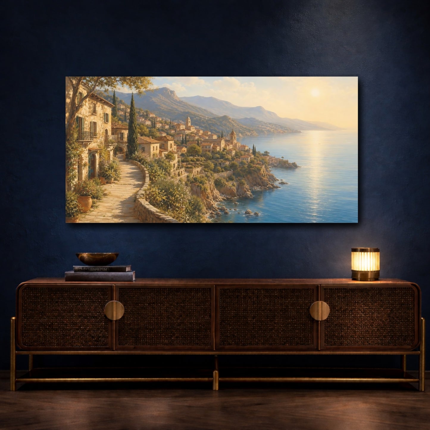 Mockup 4. Sunlit Mediterranean Village shown as canvas print