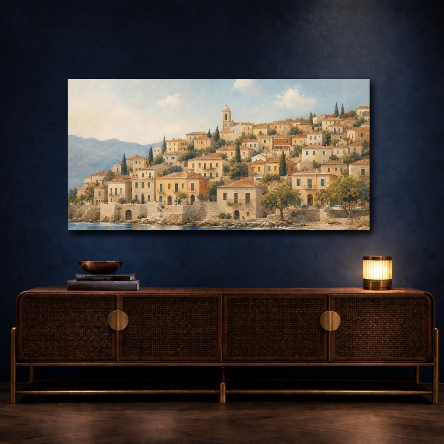 Mockup 4. Sunlit Mediterranean Village shown as canvas print