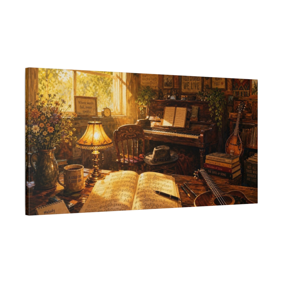 Main Mockup. Sunlit Melody At Piano shown as canvas print