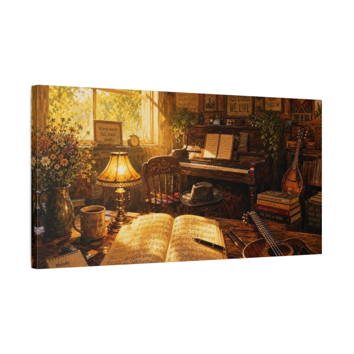 Side Mockup 1. Sunlit Melody At Piano shown as canvas print